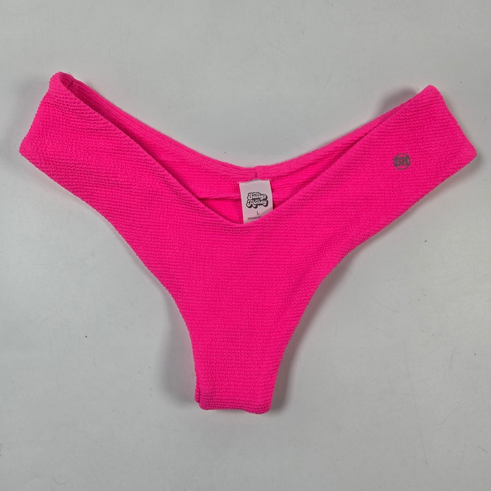 Salty Honey Bikini Bottoms Large Neon Pink Thong Textured High Leg V-Cut New
